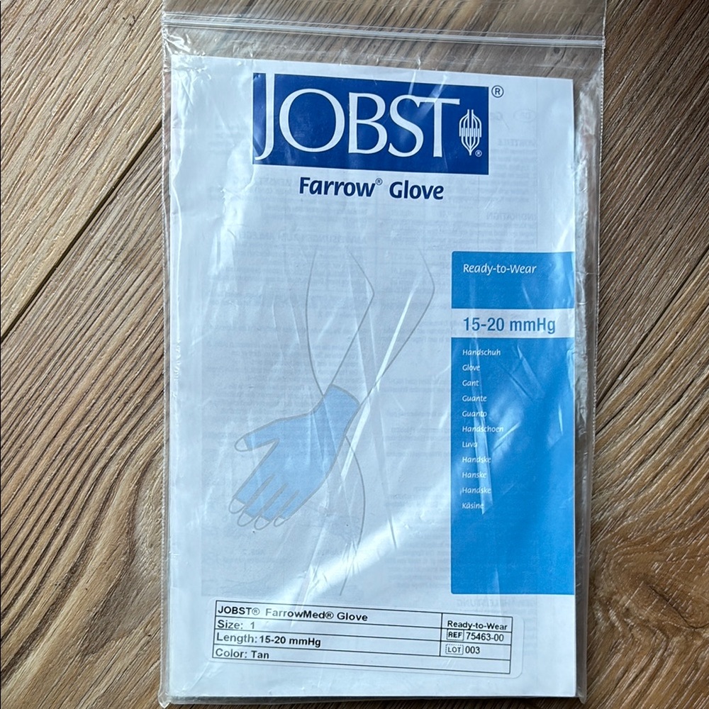 Jobst Farrow 15-20 mmHg Tan  Compression Gloves size 1. This glove can be cut
